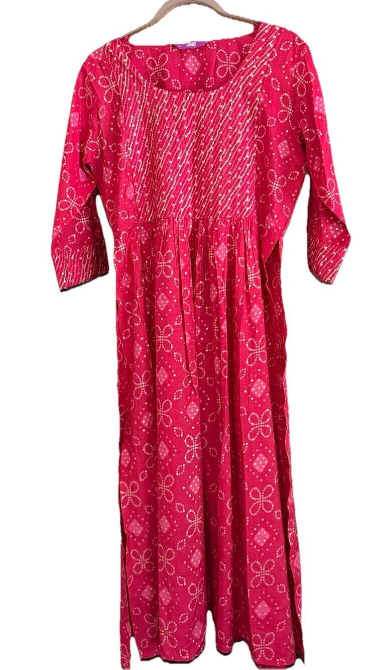 Red Pink Silk Blend Bandhani Print Kurti with Side Slits M Flowy India